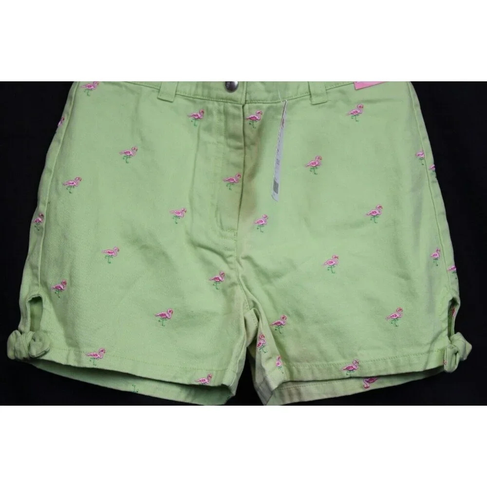 NWT 2006 Gymboree Island Fun Lime Green Shorts sz 10 Flamingo Embroider Bows